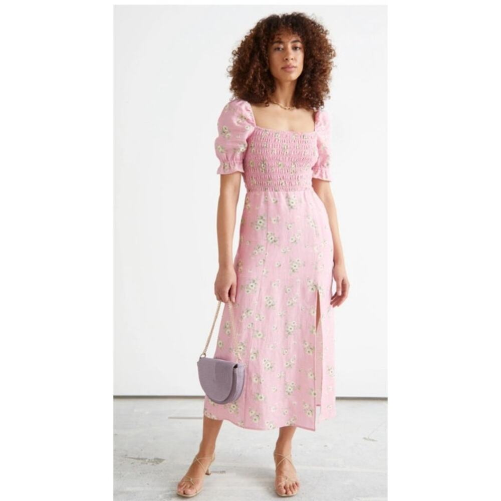 & Other Stories Pink Floral Smocked Puff Sleeve Midi Dress Linen Size 6